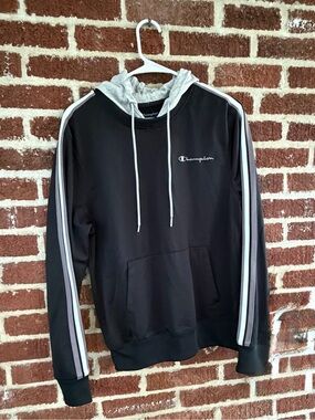 Champion Black Hoodie with Grey Hood and White Stripes